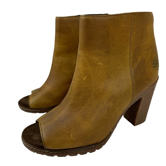 Timberland Women's Size 6 Tillston Peep Toe Leather Boots Ankle Booties Tan - Picture 10 of 16